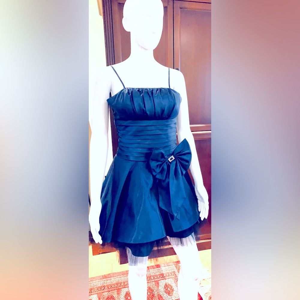 Y2K Royal blue mini Prom dress spaghetti straps tulle hemline large Bow US XS